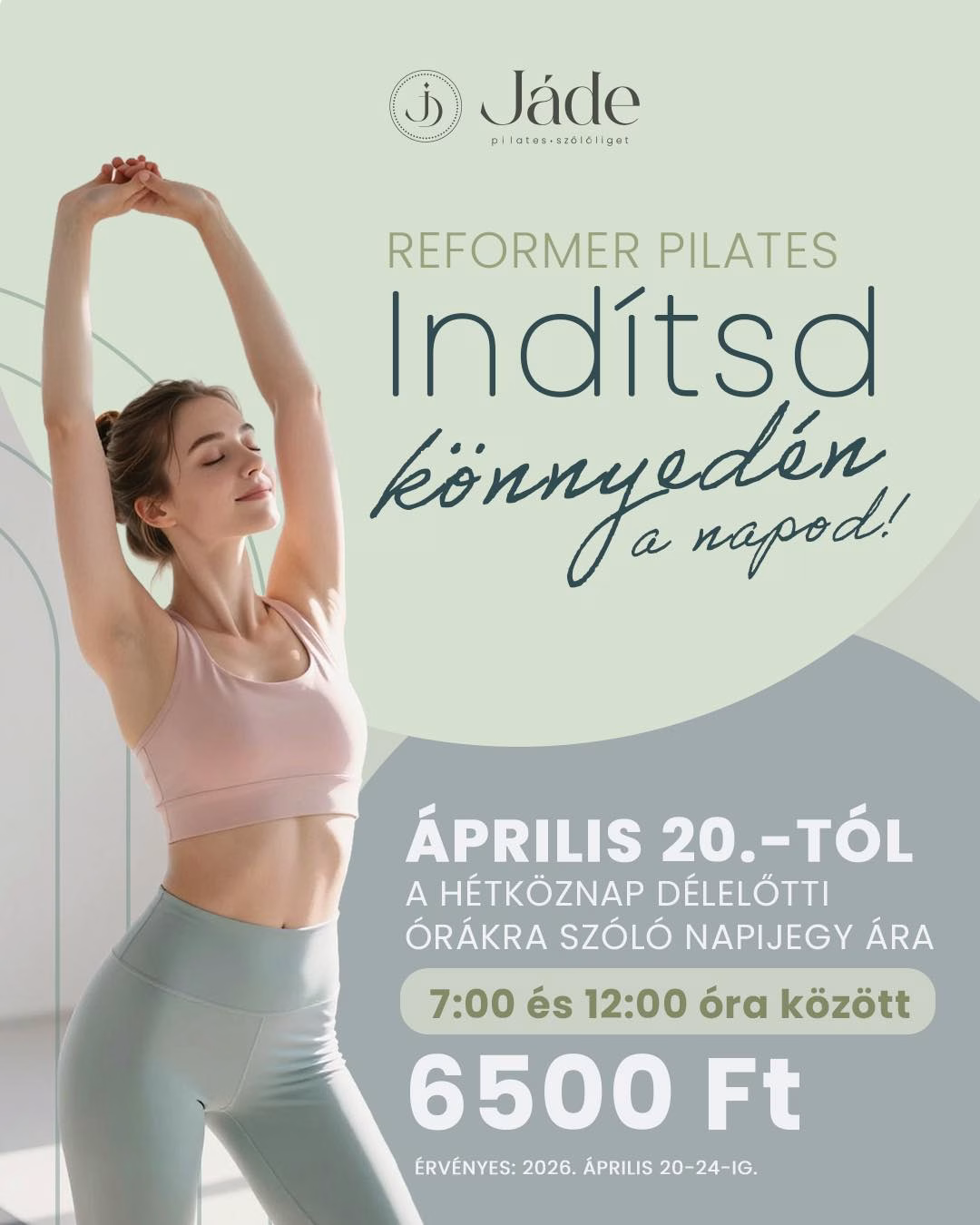 Exkluzív: Morning Pass ✨
Egy hétig a délelőtti reformer órák kedvezményes áron érhetők el.
📅 Április 20–24.
💫 6500 Ft
Ha szívesebben kezded a napot reformerrel 😉
👉 Bejelentkezés:
jadepilates.motibro.com