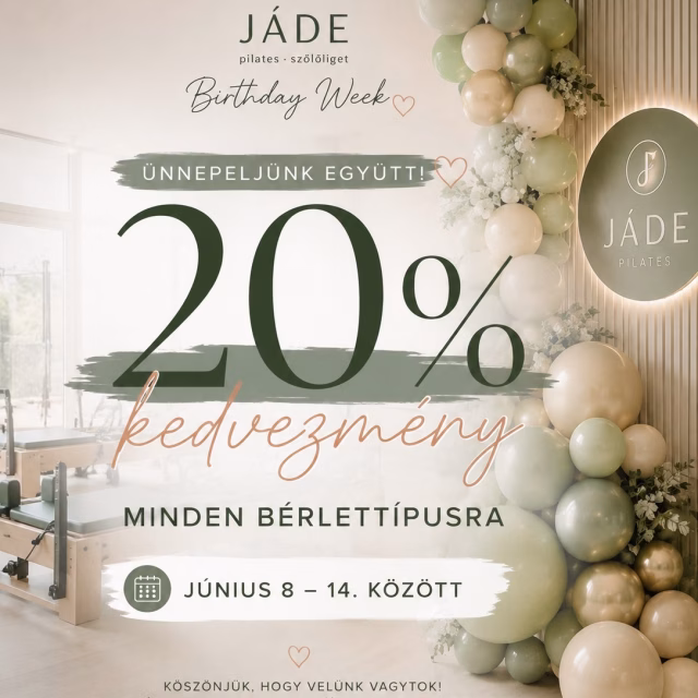 🎉 1 éves a JÁDE Pilates Szőlőliget! 

Egy évvel ezelőtt egy álommal indultunk. Ma pedig már egy összetartó, inspiráló közösséggel ünnepelhetünk együtt. 🤍

Hálánk jeléül a JÁDE Birthday Week alatt (2026. június 8–14.) a normál napijegyre, illetve minden bérlettípusra 20% kedvezménnyel készülünk. 
A kedvezmény online és a stúdióban történő vásárlás esetén is érvényes.

Köszönjük, hogy velünk mozogtok, fejlődtök és építitek a JÁDE közösségét. Ez az ünnep Rólatok is szól. 🤍
