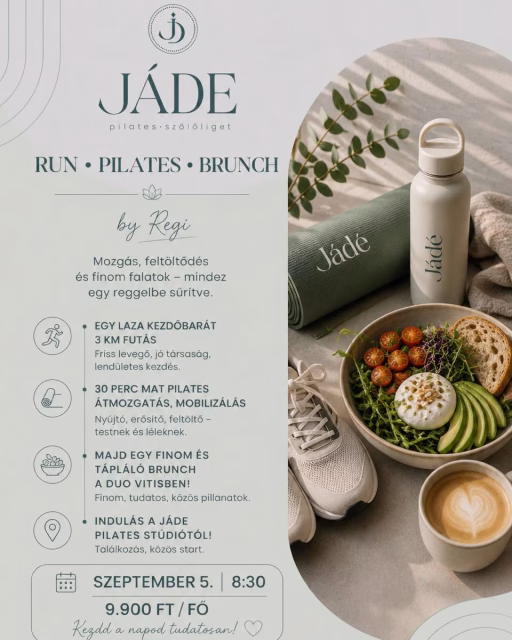 Felkészültél? ✨
Run • Pilates • Brunch 

Szeptember 5-én egy extra eseménnyel készülünk nektek! 

Egy közös, könnyed futással kezdünk a Szőlőligetben, majd egy energizáló Mat Pilates órával folytatjuk Regi vezetésével. A délelőttöt pedig közös brunch-csal zárjuk a Duo Vitisben.

📅 2026. szeptember 5., szombat | 8:30

Program:
🏃🏼‍♀️ 3 km közös futás
🤍 Mat Pilates
🥐 Brunch @duovitis 

Részvételi díj: 9.900 Ft/fő

Foglalás a megszokott módon, a Motibro naptárában. A helyek limitált számban érhetőek el!

FONTOS: A stúdióban ezen a napon a megszokott reformer órák Fanni vezetésével zavartalanul zajlanak.