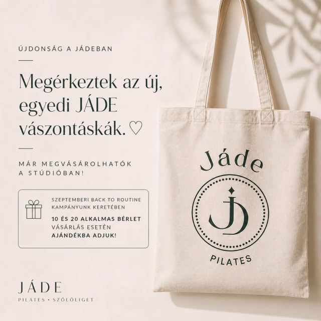 Újdonság a JÁDE-ban. 🤍

Megérkeztek az egyedi vászontáskák. Egy kis JÁDE Vibe, amit mostantól magaddal is vihetsz. ✨

A táskák már megvásárolhatók a stúdióban, szeptemberben pedig a Back to Routine kampányunk részeként a 10 és 20 alkalmas bérletek mellé ajándékba adjuk őket.

Made for JÁDE. Made for you. 🤍