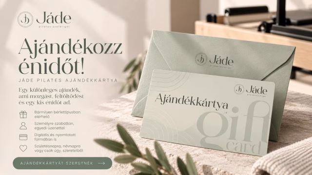 Ajándékozz Énidőt! 🤍
Jáde Pilates ajándékkártyáink bármilyen bérlettípusra kérhetők, személyre szabottan, digitális vagy nyomtatott formában.
🎁 Rendelés: office@jadepilates.hu
